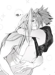 2boys arm_around_waist arms_around_neck ass bishie_sparkle blush chinese_commentary chinese_text clothes_lift cloud_strife commentary_request completely_nude couple ear_blush final_fantasy final_fantasy_vii full-face_blush greyscale hair_intakes hand_on_another's_thigh highres hug imminent_kiss jeff_000000 long_bangs long_hair looking_at_another male_focus monochrome multiple_boys no_pants nude parted_bangs screentones sephiroth shirt_lift short_hair sleeveless sleeveless_sweater smile sparkle spiked_hair sweatdrop sweater toned toned_male translation_request turtleneck turtleneck_sweater upper_body white_background yaoi