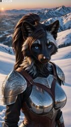 ai_generated animal_ears anthro armor artist_name blue_eyes breastplate breasts female female_anthro furry furry_female hi_res high_resolution highres looking_at_viewer outdoors photorealistic ponytail realistic snow solo stable_diffusion twitter twitter_username watermark yiffyjiffy2 yiffyjiffy69