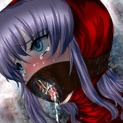 after_fellatio akizam blue_eyes bondage bound cum cum_in_mouth dragon_quest dragon_quest_ii empty_eyes face female gag gagged highres hood open_mouth open_mouth_gag penis plug_gag princess_of_moonbrook purple_hair solo tears tongue