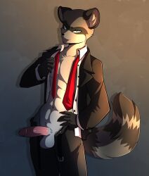 anthro balls biped erection fingers genitals glans hi_res humanoid_genitalia humanoid_penis male mammal munkeesgomu necktie penis procyonid raccoon solo tail