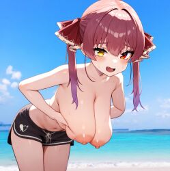 ai_generated areolae bare_legs beach gigantic_breasts hololive houshou_marine huge_breasts huge_thighs light-skinned_female light_skin looking_at_viewer maa_chama massive_breasts nipples puffy_nipples red_eyes red_hair smiling solo_female squatting sweat sweatdrop thick_thighs thighs twintails two_tone_eyes virtual_youtuber voluptuous voluptuous_female yellow_eyes