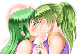 2girls blush character_request closed_eyes drooling female french_kiss ganbare_goemon green_hair holding_hands kissing long_hair multiple_girls ninja open_mouth ponytail saliva sleeveless tied_hair tongue tongue_out yae_(ganbare_goemon) yuri