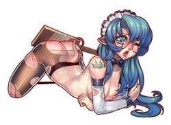 all_fours arched_back blue_eyes blue_hair blush bowtie cute_fang elbow_gloves fengmo glasses gloves highres long_hair maid_headdress nipples one_eye_closed paddle pantyhose simple_background slap_mark spanking sweat tail tattoo tongue tongue_out torn_clothes torn_pantyhose