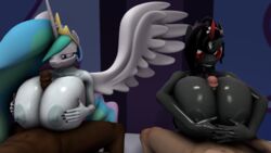 2015 2girls 3d alicorn anthro anthrofied areola breasts busty cleavage equine female friendship_is_magic horn horse huge_breasts human human_on_anthro interspecies king_sombra_(mlp) male mammal my_little_pony nipples paizuri pony princess_celestia_(mlp) queen_umbra_(mlp) rule_63 sex straight uncensored unicorn voluptuous wings xvvajra