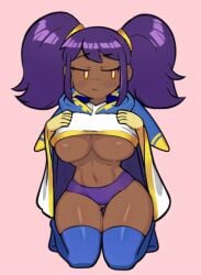 1girls ai_generated anonymous_artist big_breasts blue_thighhighs breasts cape clothing dark-skinned_female dark_skin edit female gloves hood kirby_(series) kneeling magolor no_bra panties purple_hair rule_63 simple_eyes thick_thighs thighhighs thin_waist twintails underboob wide_hips yellow_eyes