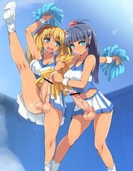 2futas :d balls ballsack bar_censor black_hair blonde_hair blue_eyes breasts busty censored cheerleader cheerleader_uniform cleavage cum dark_skin foreskin fully_retracted_foreskin futa_only futa_with_futa futanari futanari_exposed highres human intact long_hair no_panties open_mouth original partially_retracted_foreskin penis penis_under_skirt pom_poms ponytail scrotum smile socks sweat testicles tied_hair twintails ubanis uncut veiny_penis voluptuous white_legwear