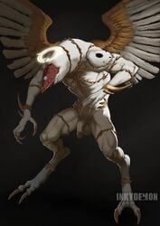 2015 affinity angel balls bayonetta claws digitigrade feathered_wings feathers full-length_portrait full_length gold_(metal) halo humanoid_penis inkydemon male male_only markings monster muscular muscular_male nude pecs penis portrait simple_background solo standing video_games white_penis white_skin wings