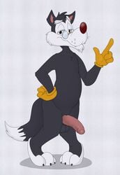 1boy 2015 animaniacs anthro balls canine clothing eyewear glasses gloves male male_only mammal neenya penis simple_background solo standing walter_wolf warner_brothers wolf