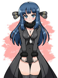 alternate_breast_size alternate_costume black_coat blue_eyes blue_hair blush breasts chro cleavage cosplay cynthia_(pokemon)_(cosplay) dawn_(pokemon) female fur_collar fur_trim hair_ornament long_hair looking_at_viewer navel nintendo pokemon pokemon_dppt solo standing thigh_gap thighhighs