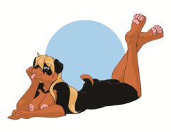 blonde_hair blue_eyes breasts canine canine exposed feet female hair kijo mammal nipples paws relaxing rottweiler tamara teasing tongue tongue_out