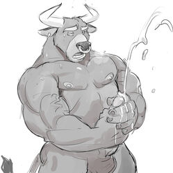 anthro balls bovine bull cum dozer_(spookeedoo) male male_only masturbation muscles penis spookeedoo