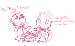 1girls 2boys animal_crossing animal_crossing_girl anthro balls big_balls big_penis bottomless clothed clothing english_text female foreskin handjob lyle_(animal_crossing) male male/female mammal monochrome multiple_boys nintendo otter penis prostitution raccoon studiotrue text threesome tom_nook uini uncut villager villager_(animal_crossing)