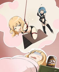 2girls :d arms_behind_back black_bra black_legwear black_panties blanket blonde_hair blue_eyes blue_hair bondage bound bra cute_fang dominatrix dreaming female femdom femsub furutani_himawari highres lingerie multiple_girls one_eye_closed oomuro_sakurako open_mouth panties root_beer rope sharpffffff sleeping smile sweatdrop text thighhighs thought_bubble translation_request underwear wince wooden_horse yuri yuru_yuri