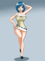 big_breasts blue_eyes blue_hair bottomless breasts clothed female io_(syntheticpotato) lipstick short_hair solo solo_focus sweater syntheticpotato upskirt