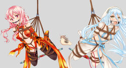 2girls arms_behind_back azura_(fire_emblem) ball_gag blue_hair bondage bound crossover drooling femsub fire_emblem fire_emblem_fates gag gagged guilty_crown hogtie kantai_collection looking_at_viewer multiple_girls multiple_subs mutsu_(snail) open_mouth_gag pink_hair pussy_juice ring_gag shibari_over_clothes suspension vibrator yellow_eyes yuzuriha_inori