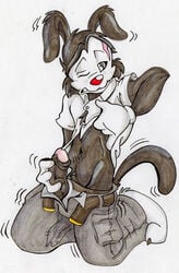 animaniacs black_fur clothing erection evil_yakko_(artist) fan_character fur kneeling male mammal masturbation penis scar simple_background solo traditional_media_(artwork) warner_brothers