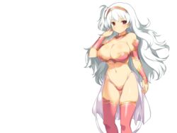 alicesoft areolae ass blush breasts evenicle evenicle_(series) female game_cg highres large_breasts legs long_hair no_bra ramius_dreissen red_eyes thighs white_hair yaegashi_nan