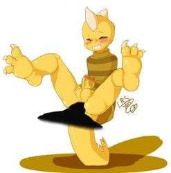 anal anal_sex anus armless balancing balls barefoot bottomless claws clothed clothing disembodied_penis english_text front_view gay half-dressed legs_up littlerager male monster monster_kid open_mouth penetration penis perineum scalie signature text toe_claws undertale video_games yaoi