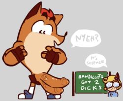 anthro bandicoot chalkboard clothing crash_(series) crash_bandicoot dialogue erection fingerless_gloves fur gloves lovely_star male male_only mammal marsupial multiple_penises penis speech_bubble standing text topless