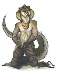 2015 anthro belt brown_fur canine clothed clothing cobra fur grin half-dressed hybrid kneeling long_tail looking_at_viewer mammal nelizar_(character) orange_eyes pants pubes reptile scales scalie seductive sheath simple_background smile snake solo striptease sweetsasu topless white_background wolf yellow_eyes