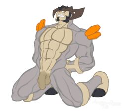 1boy 2015 abs anso/rez anthro balls biceps bound darkened_genitals facial_hair flaccid hair hands_behind_back horn humanoid_penis kneeling legendary_pokemon male male_only muscular muscular_male nintendo nude pecs penis pokemon solo teeth terrakion uncut video_games watermark