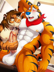 abs anthro balls biceps big_muscles black_fur blue_nose blush brown_fur brown_hair closed_eyes cum cum_on_hand cum_on_penis cumshot dream_and_nightmare duo erection fangs feline fur hair hand_behind_head handjob humanoid_penis male male_only mammal mascot muscular neckerchief night_(dream_and_nightmare) nipple_suck nipples nude open_mouth orange_fur orgasm pecs penis pink_nose scar sitting stripes sucking sweat teeth tiger tongue tony_the_tiger uncut white_fur yaoi yellow_eyes