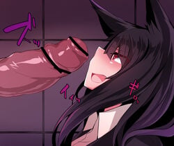 :d animal_ears black_hair censored female foreskin fox_ears long_hair open_mouth original penis profile red_eyes rinka_(ruuku) ruuku_(azukieru) smile straight text tile_wall tiles translation_request