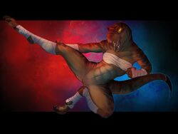 2015 4:3 action_pose anthro bandage bottomless breast_binding brown_scales chest_wraps claws clothed clothing dinosaur dog-bone fangs female glowing glowing_eyes half-dressed hand_wraps kick martial_arts mostly_nude muscular muscular_female open_mouth orange_eyes pussy scales sephira_tridell sephira_tridell_(tabra) sharp_teeth solo teeth toe_claws tyrannosaurus_rex yellow_eyes