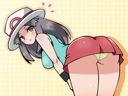 ass bent_over blush breasts brown_eyes brown_hair chro female from_behind green_panties hat human human_only leaf_(pokemon) long_hair panties pantyshot pantyshot_(standing) pokemon pokemon_frlg pokemon_rgby red_skirt skirt solo standing underwear wristband