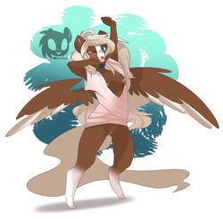 anthro areola bottomless breasts brown_fur clothed clothing equine female fur grey_hair hair half-dressed mammal nipples one_eye_closed open_clothes open_mouth open_shirt pegasus pussy shirt simple_background solo standing teeth tongue wicklesmack wings