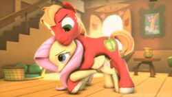 2015 3d all_fours animal_genitalia animated big_macintosh_(mlp) blonde_hair blue_eyes cutie_mark doggy_style equine fluttershy_(mlp) freckles friendship_is_magic from_behind green_eyes horn horse horsecock indoors inside my_little_pony ohmudak pegasus penis pink_hair pony sex smile sparkle stairs straight straight_hair table testicles uncensored wings