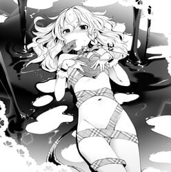 blush chocolate eho_(icbm) female flat_chest long_hair marisa_kirisame monochrome naked_ribbon ribbon solo touhou