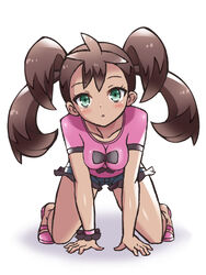 1girls all_fours bare_legs blush breasts brown_hair chro clothed dark-skinned_female dark_skin eyelashes female green_eyes human human_only kneeling long_hair looking_at_viewer nintendo parted_lips pokemon pokemon_xy purple_shirt purple_shoes quad_tails shauna_(pokemon) shirt shoes short_shorts shorts simple_background solo tied_hair twintails white_background