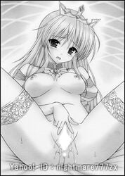 artist_name black_border border censored crown feena_fam_earthlight female graphite_(medium) monochrome nightmare77zx nipples open_mouth presenting pussy pussy_juice solo spread_pussy thighhighs traditional_media yoake_mae_yori_ruri_iro_na