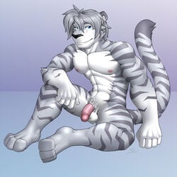 1boy abs anthro balls ballsack blue_eyes casual feline foreskin grey_fur humanoid_penis intact justin male male_nipples male_only male_pubic_hair mammal muscular_male nude_male pecs penis retracted_foreskin scrotum semi-erect smooth_penis solo stonecircle striped_fur tail testicles tiger uncut