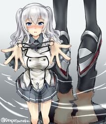 anchor blue_eyes blush female holding holding_panties kantai_collection kashima_(kantai_collection) kimura_shuuichi looking_at_viewer panties panties_removed pleated_skirt reflection ripples silver_hair skirt solo standing tied_hair twintails underwear water