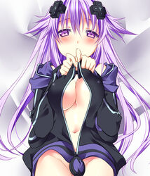 1girls adult_neptune blush bottomless breast_squeeze breasts cleavage cross_hair_ornament female hair_ornament hoodie long_hair looking_at_viewer minagi naked_hoodie naked_sweater navel neptunia_(series) no_bra no_panties open_clothes petite purple_hair solo sweater tareme undressing zipper