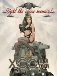 aelannacessara black_bra black_panties black_thighhighs blue_eyes bra female garter_belt gun panties shiv skyranger thighhighs weapon x-com xcom_enemy_unknown