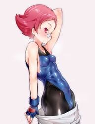 abs akira_(natsumemo) armpits bandaid female female_only gloves gym_leader human human_only impossible_clothes leotard maylene_(pokemon) pants pink_eyes pink_hair pokemon pokemon_dppt short_hair short_pink_hair skin_tight solo