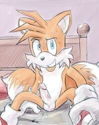 1boy anthro balls canine erection exposed_torso extraspecialzone footwear fox fur furry_tail handwear humanoid male male_only mammal multiple_tails nude penis precum solo sonic_(series) tail tails