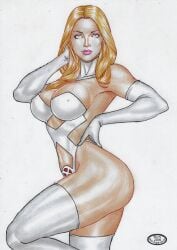 blonde_female blonde_hair blue_eyes breasts cleavage emma_frost female female_only large_breasts marvel marvel_comics pinup rud_patrocinio thick_thighs thighs tramastudio white_queen x-men