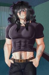 aizawa_shouta anime bara bara_tits black_hair body_hair boku_no_hero_academia bulge eraserhead hentai huge_bulge jeans male male_only muscular_male my_hero_academia shouta_aizawa