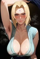 ai_generated areolae armpit_hair bindi blonde_hair breasts female female_focus hairy large_breasts light-skinned_female light_skin looking_at_viewer mature mature_female milf naruto naruto_(series) nipples nipples_visible_through_clothing sfw simple_background straight straight tsunade waifu4u2