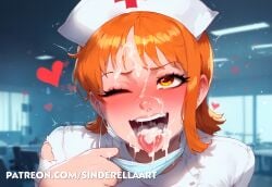 aftermath ai_generated commission cum cum_in_mouth cumshot ejaculation female hospital nami nami_(one_piece) nurse nurse_clothing nurse_outfit nurse_uniform one_piece patreon_url sinderellaart used