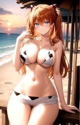 ai-created ai_generated animal_print asuka_langley_sohryu bangs bare_arms bare_shoulders beach bikini bikini_shorts blue_eyes blue_sky blush breasts brown_hair clavicle cleavage closed_mouth clothing cloud cow_print cowboy_shot day female female female_only hair_between_eyes hair_ornament hand_up headgear horizon interface_headset large_breasts long_hair looking_at_viewer medium_breasts midriff navel neon_genesis_evangelion ocean orange_hair outdoors pixiv rena_aikawa_(pixiv_user) sand shiny short_shorts shorts sitting sky smile solo stable_diffusion standing stomach string_bikini sunlight sunset swimsuit tagme thighs tied_hair two_side_up umbrella very_long_hair water white_bikini white_shorts white_swimsuit