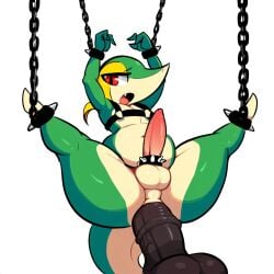 1:1 accessory ai_generated anal anal_sex animal_genitalia animal_penis anthro anus ass balls bondage bondage bound chains cock_ring cuff_(restraint) equine_penis erection generation_5_pokemon genitals green_body green_scales harness hellsonger hi_res jewelry lizard male navel nintendo open_mouth penetration penis penis_accessory penis_jewelry pokemon pokemon_(species) red_eyes reptile restraints scalie shackles simple_background snivy solo spread_legs spreading submissive submissive_male suspension thick_thighs white_background