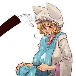 blonde_hair blush breasts censored chanta_(ayatakaoisii) cum cum_on_body cum_on_clothes cum_on_upper_body cute_fang dress ejaculation facial female hat heavy_breathing horny horse_penis huge_breasts long_sleeves open_mouth orange_eyes penis pillow_hat ran_yakumo short_hair simple_background sketch solo tabard_lift teeth tongue touhou upper_body white_background white_dress wide_sleeves