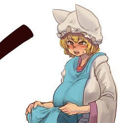 blonde_hair blush breasts censored chanta_(ayatakaoisii) cute_fang dress female hat horse_penis huge_breasts long_sleeves open_mouth orange_eyes penis pillow_hat ran_yakumo short_hair simple_background sketch solo tabard_lift teeth tongue touhou upper_body white_background white_dress wide_sleeves