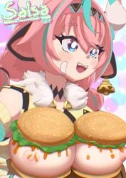 anime_style animegirl big_breasts breasts burger female_only food_on_body genshin_impact natlan_girls pink_hair salsa_art varesa_(genshin_impact)