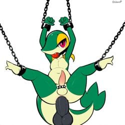 1:1 ai_generated anal anal_sex animal_genitalia anthro anus ball_gag balls bondage bondage bound chained chains cock_ring cuff_(restraint) erection fangs gag generation_5_pokemon genitals girly green_body hellsonger hi_res kobold lizard looking_at_viewer male navel nintendo nude penetration penis penis_accessory penis_jewelry pokemon pokemon_(species) red_eyes reptile restraints scalie shackles simple_background snivy solo spread_legs spreading submissive submissive_male suspension white_background